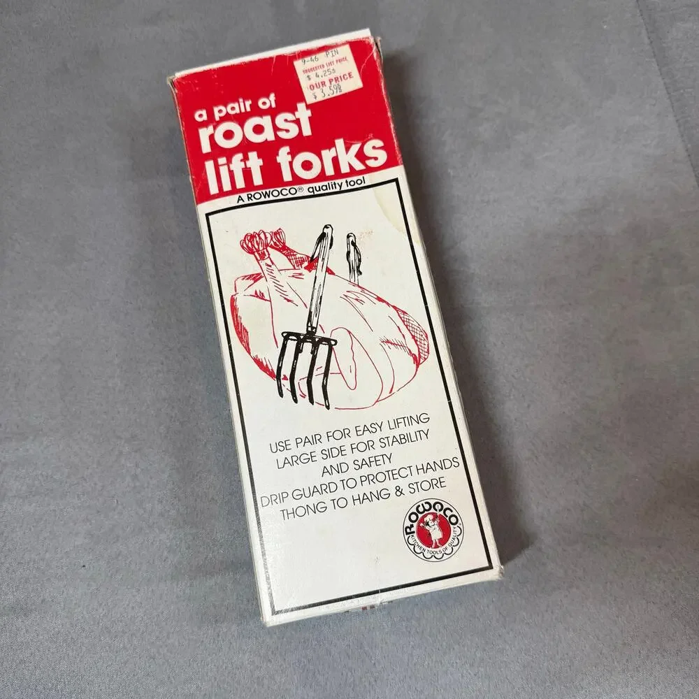 NEW Pair of Roast Lift Forks Rowoco Tool 1729 Wooden Handles Vintage Deadstock